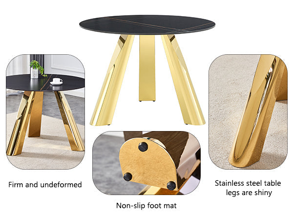 The 42-inch stainless steel gold-plated flamed granite round table with seating for 4 or 6 people is perfect for dining, entertaining, or as a conference table