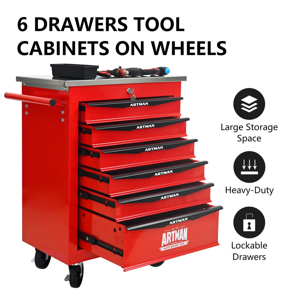 6 Drawers Multifunctional Tool Cart with Wheels,Metal Rolling Tool Cart Storage for Garage Workshop Warehouse Repair Shop--With Stainless Steel Roof- Red&Black