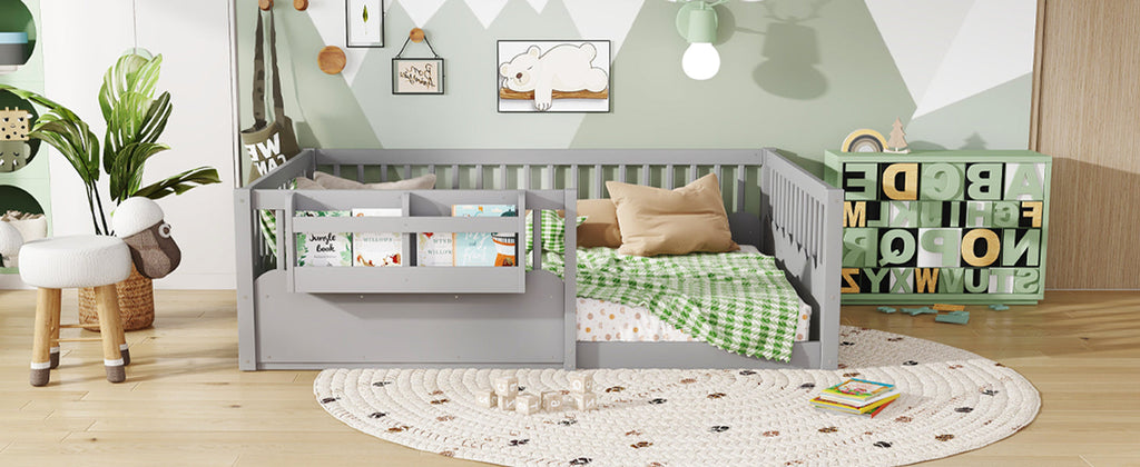 Full Floor bed with Heightened Fence and bookshelf ,Wood Floor Bed for Kids,Gray.