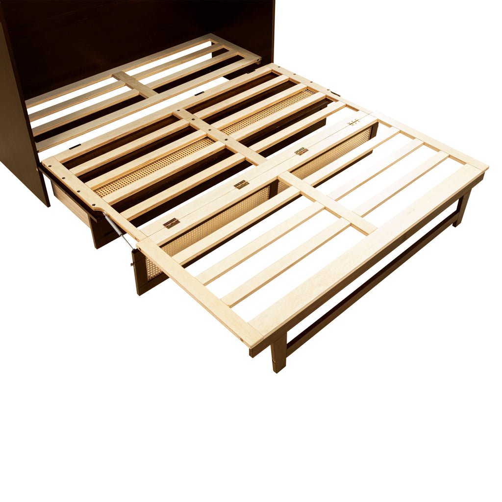 Queen Size Murphy Bed, Pine Wood Cabinet Bed with Rattan Decoration and Storage Drawer,Walnut
