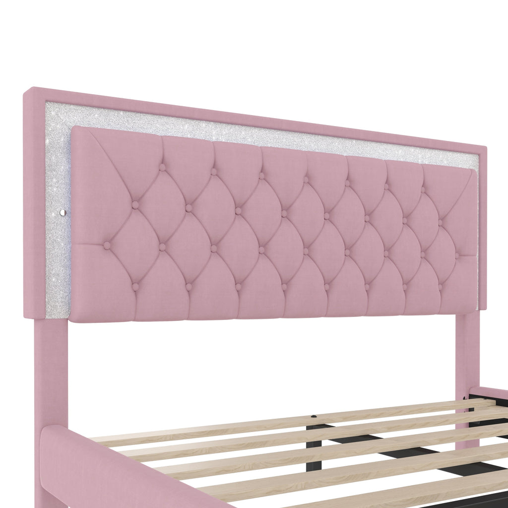 3-Pieces Bedroom Sets,Queen Size Upholstered Platform Bed with LED Lights and Two Nightstands-Pink