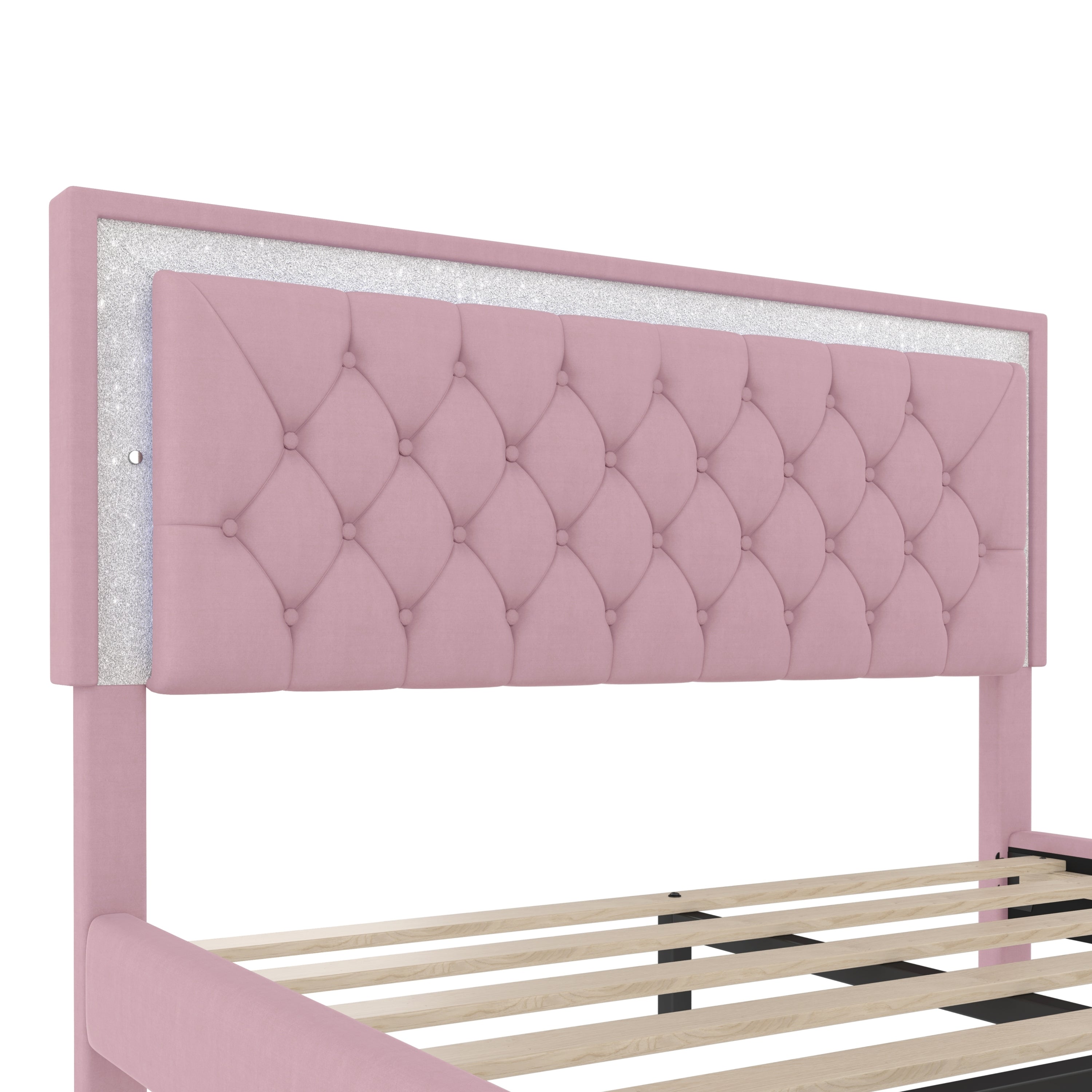 3-Pieces Bedroom Sets,Queen Size Upholstered Platform Bed with LED Lights and Two Nightstands-Pink