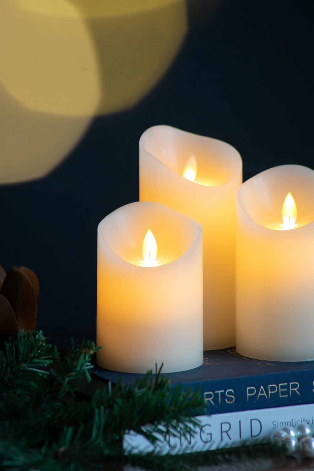 Set of 3 Flickering Ivory LED Candles with Remote Timer, L:D3X6' M:D3X5' S:D3X4'