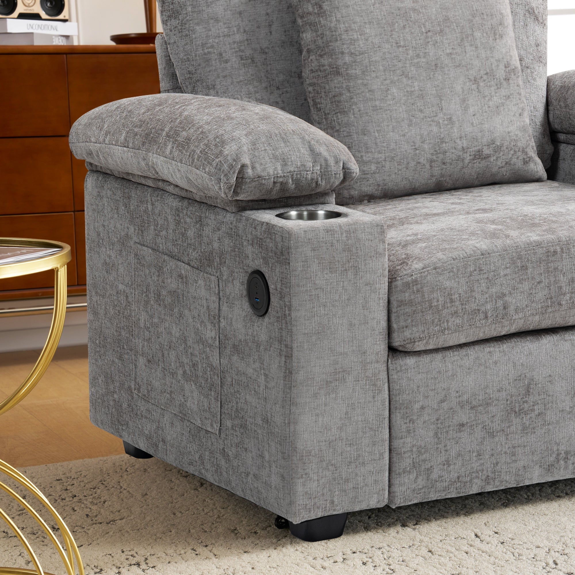 Modern Oversized Chair with Ottoman,Chenille Fabric Sofa Bed,Accent Chair Comfy Sofa with Cupholders and USB Charging Ports Chair for Living Room,Bedroom,Apartment