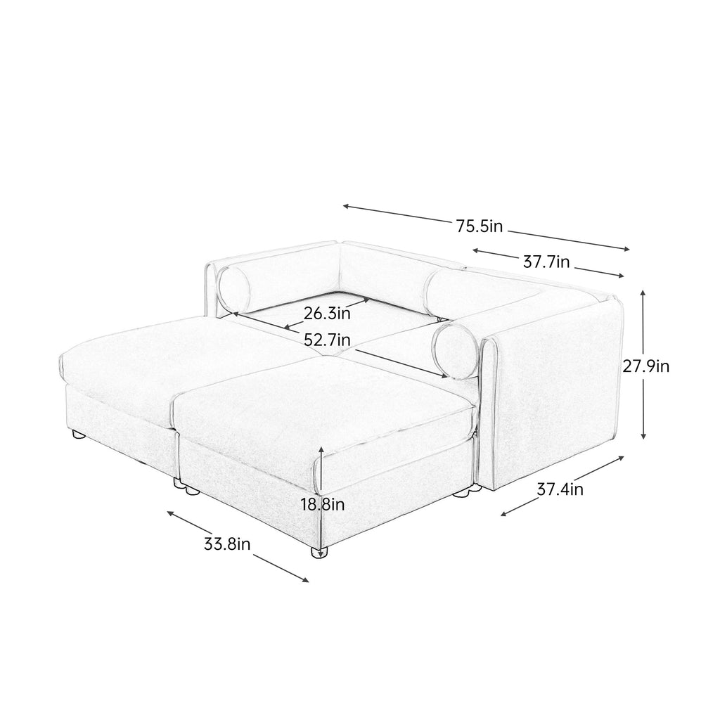 Stylish Green Chenille 2-Seater Sofa with 2 Ottoman Storage Seat, Cylindrical Backrest and Armrests, Modern Fabric Loveseat Featuring Hidden Storage Space