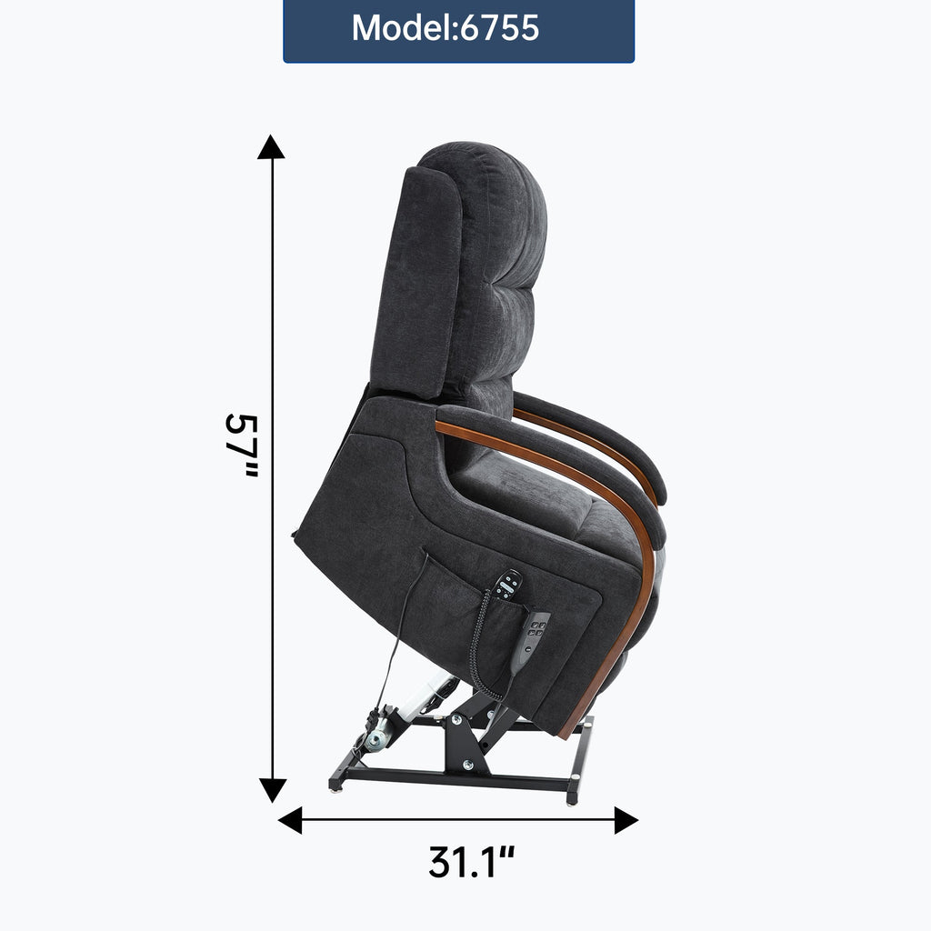 Power Black Chenille Lift Recliner Chair Dual Motor Infinite Position Up to 350 LBS with Solid Wood Armrests, Heat Massage and Heavy Duty Motion Mechanism