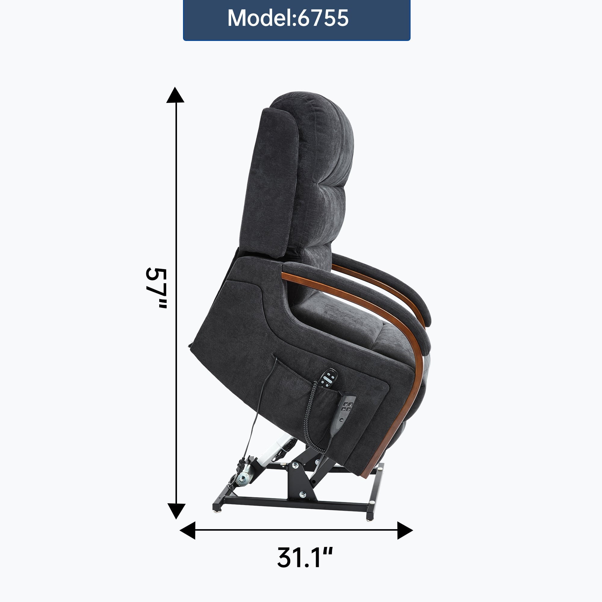 Power Black Chenille Lift Recliner Chair Dual Motor Infinite Position Up to 350 LBS with Solid Wood Armrests, Heat Massage and Heavy Duty Motion Mechanism