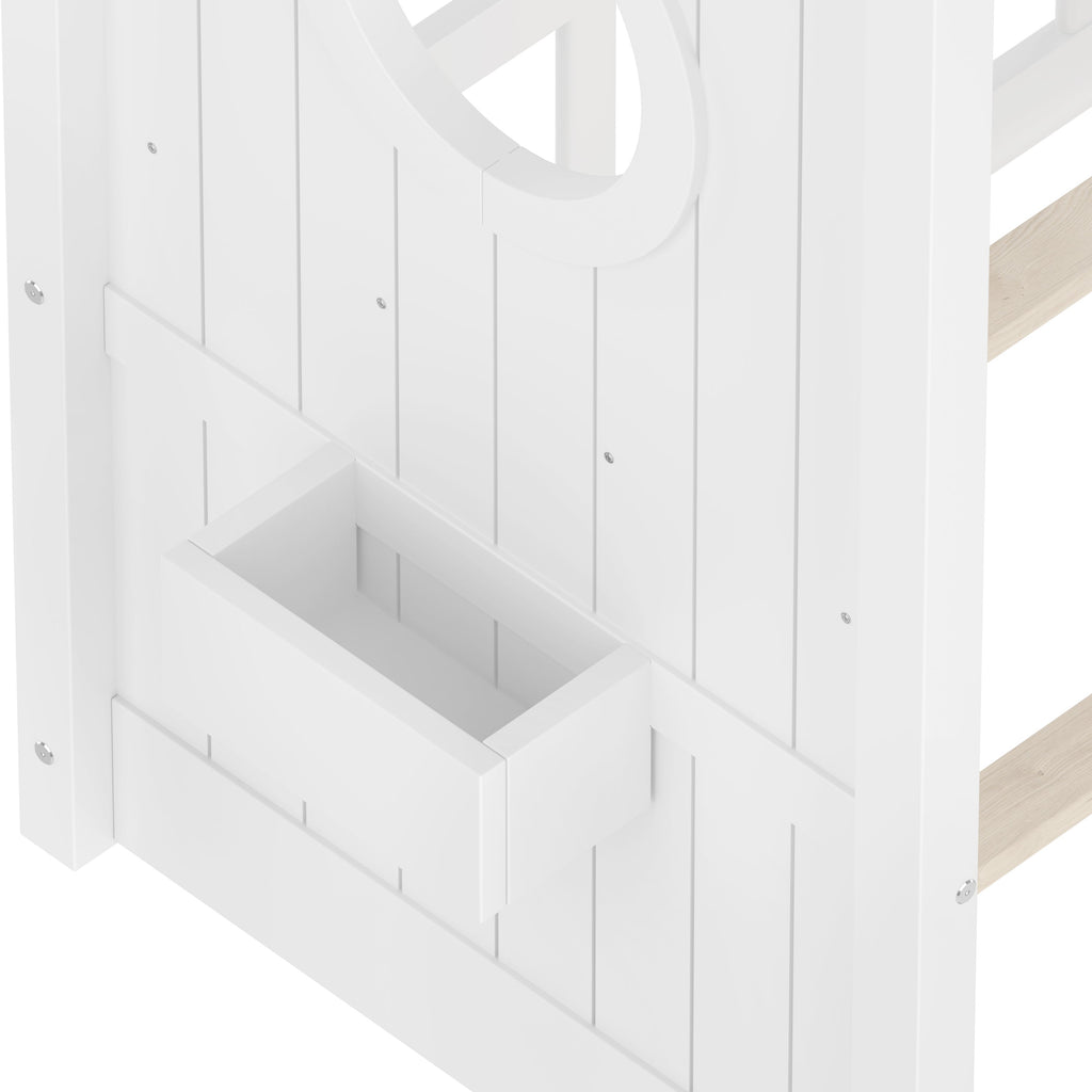Twin Size Floor House Bed for Toddler, Kids Montessori Bed  with Storage Shelf, Playhouse Bed with Roof Design, White