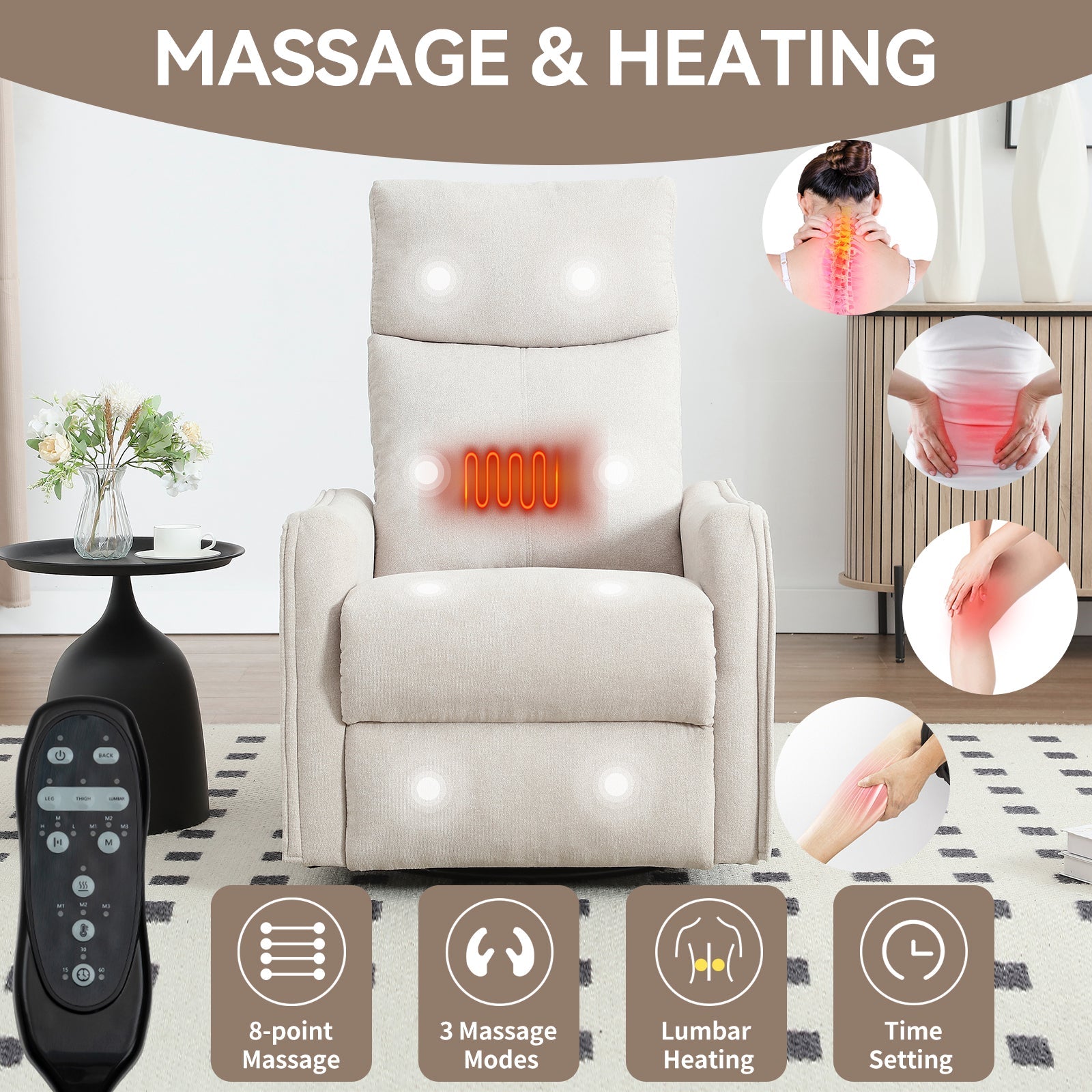 Heat Massage Manual Recliner Chair with Rocker and Swivel in Fabric for Living Room, Beige