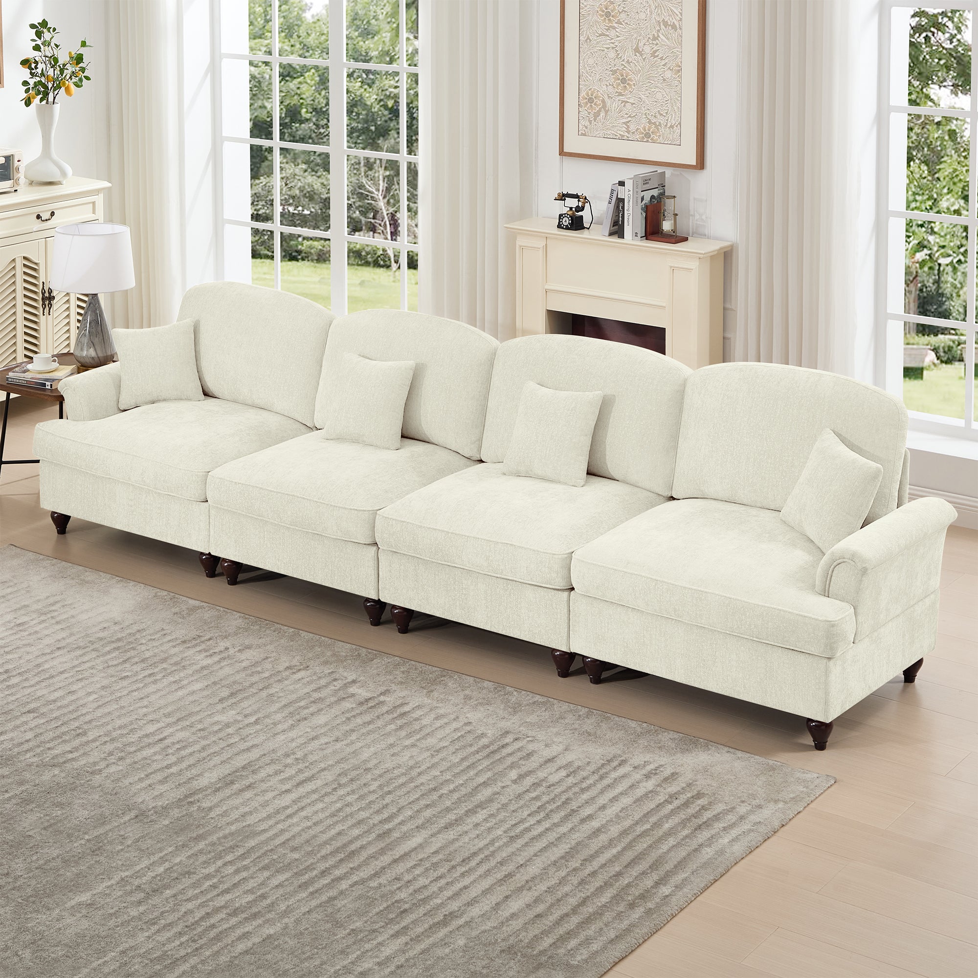 Elegant Mid Century Large 4 Seater Sofa Couch with Flared Arms and Removable Ruffles Pleats Skirts and Spindle Legs, Comfy Chenille Four-Seat Sofa for Living Room, Beige White