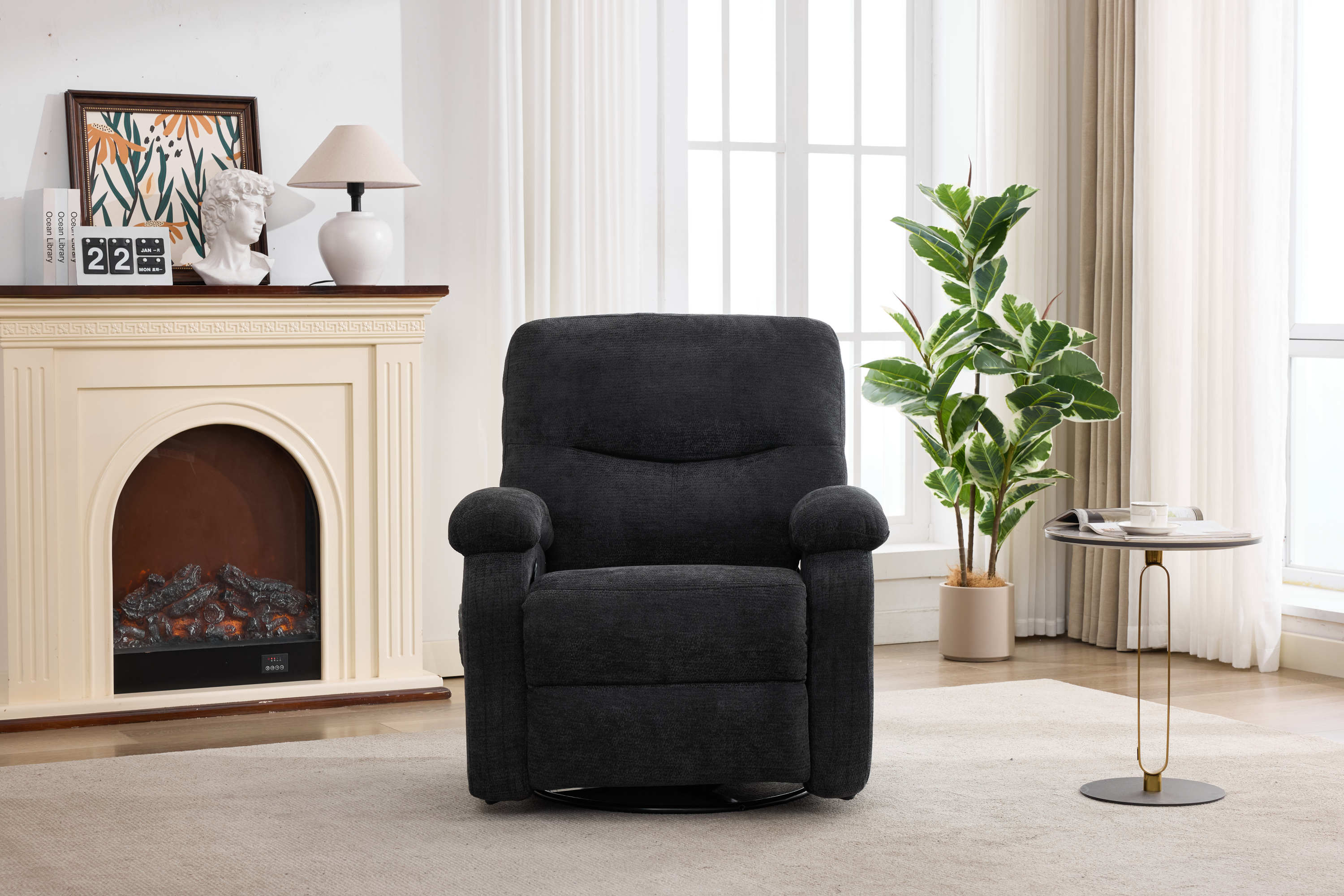Hot massage manual lounge chair, with rocker arms and rotating fabric, with cup bucket, for living room, black
