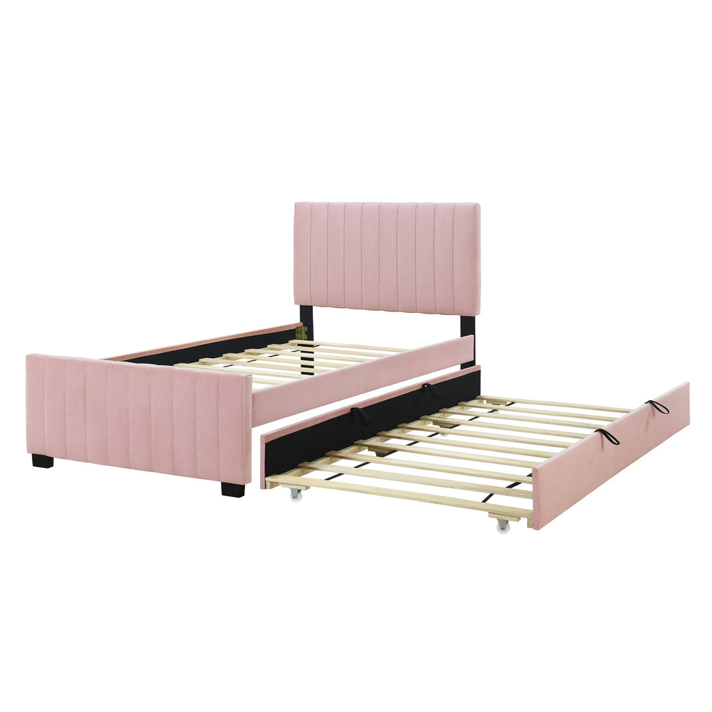 Twin Size Velvet Upholstered Platform Bed with Twin Size Trundle, Pink