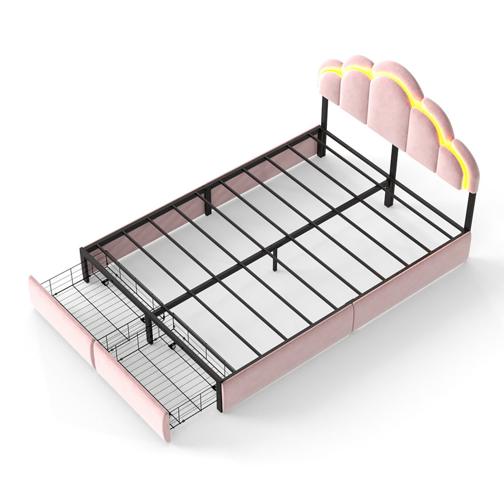 RGB LED Velvet Upholstered Platform Bed with Petal Headboard and Storage Drawers for Kids Bedroom in Pink, Wood+Metal Construction