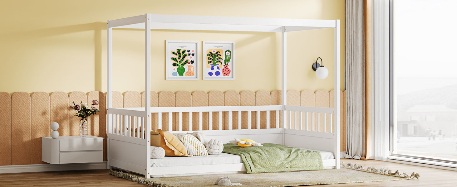 Twin Size Canopy Bed Frame with Guardrails for Kids,Floor Bed Twin with Four Poster Design,Kids Montessori Floor Bed,Wood Canopy Bed Frame for Girls,Boys(Twin,White)