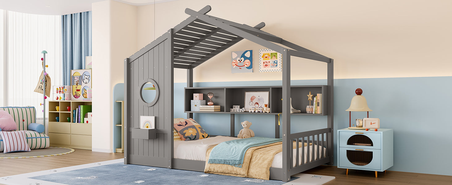 Twin Size Floor House Bed for Toddler, Kids Montessori Bed  with Storage Shelf, Playhouse Bed with Roof Design, Gray
