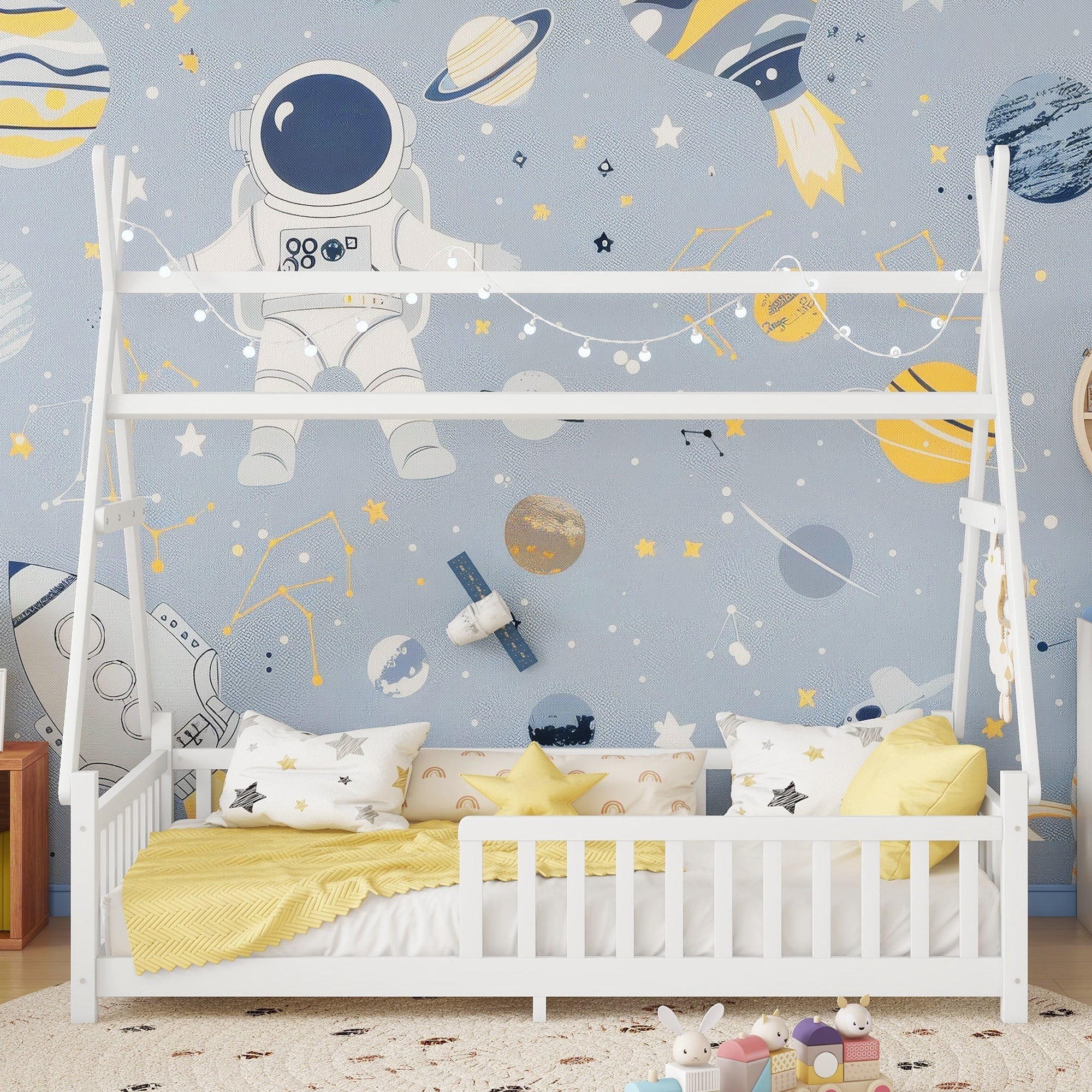 Twin House Bed with Light, Low Floor House Bed with Fence and Roof for Kids Boys Girls,White(Expect arrive date 2025/7/20)