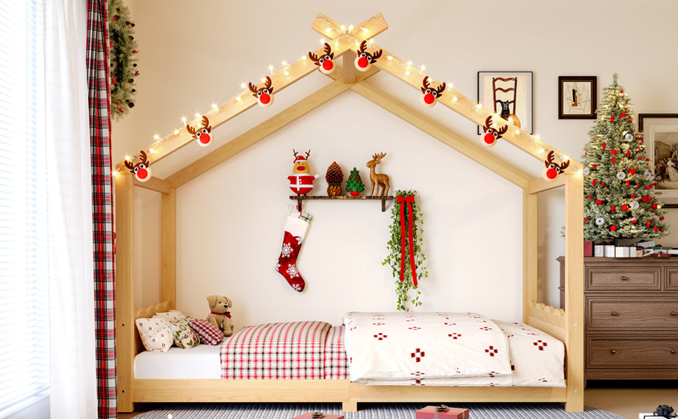 Twin House Floor Bed with Support Slats, Solid Wood House Bed Frame for Kids, No Box Spring Needed and Opening Constructure, Natural