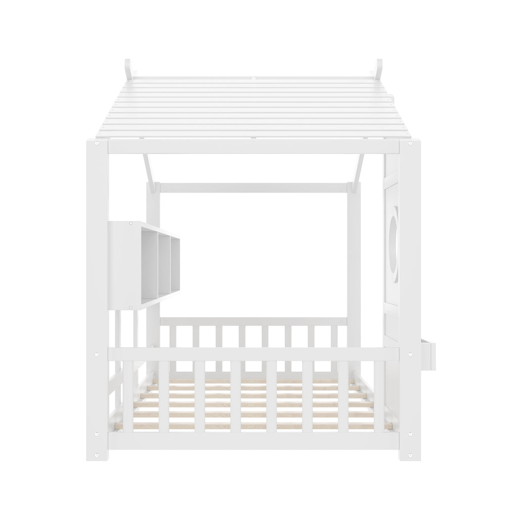 Twin Size Floor House Bed for Toddler, Kids Montessori Bed  with Storage Shelf, Playhouse Bed with Roof Design, White