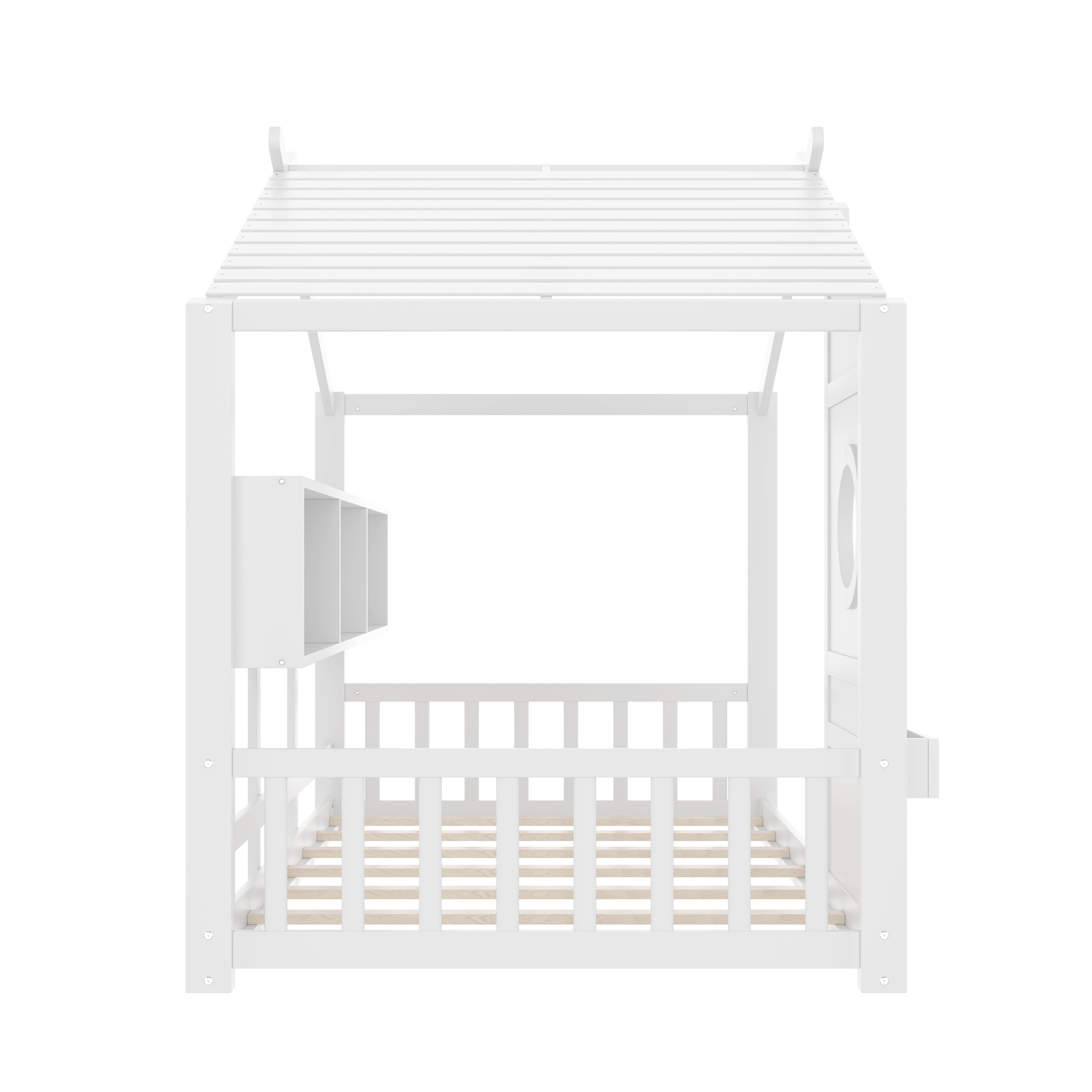 Twin Size Floor House Bed for Toddler, Kids Montessori Bed  with Storage Shelf, Playhouse Bed with Roof Design, White