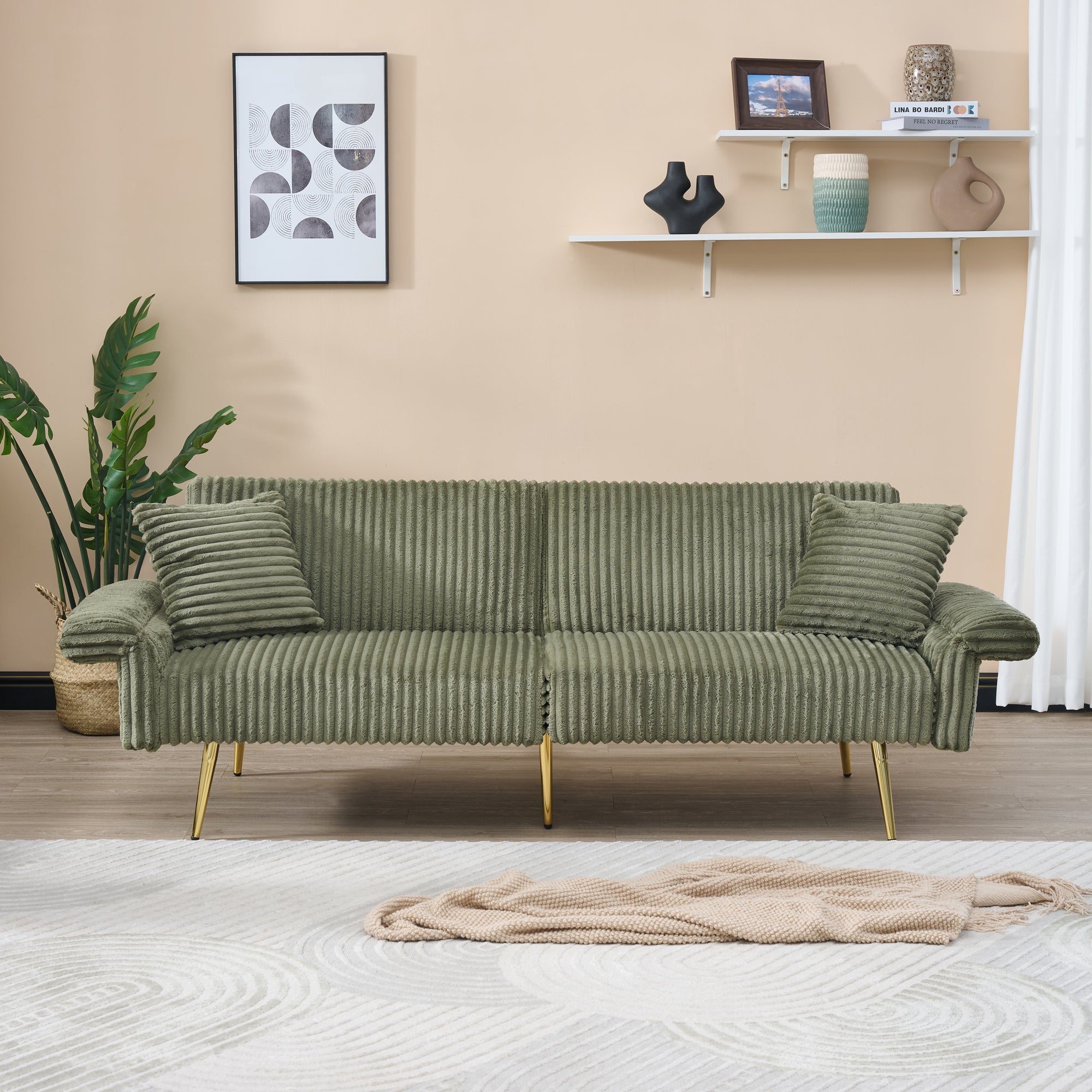 Modern Corduroy Sofa Bed, Foldable Double Sofa with Armrests, Green Velvet, 79 Inch