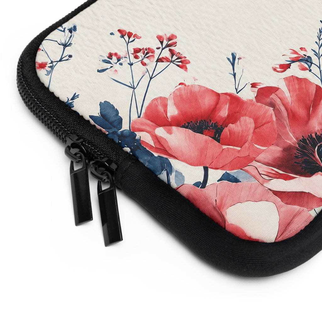 Red Poppy Watercolor Laptop Sleeve | Floral Bee Botanical Tech Cover