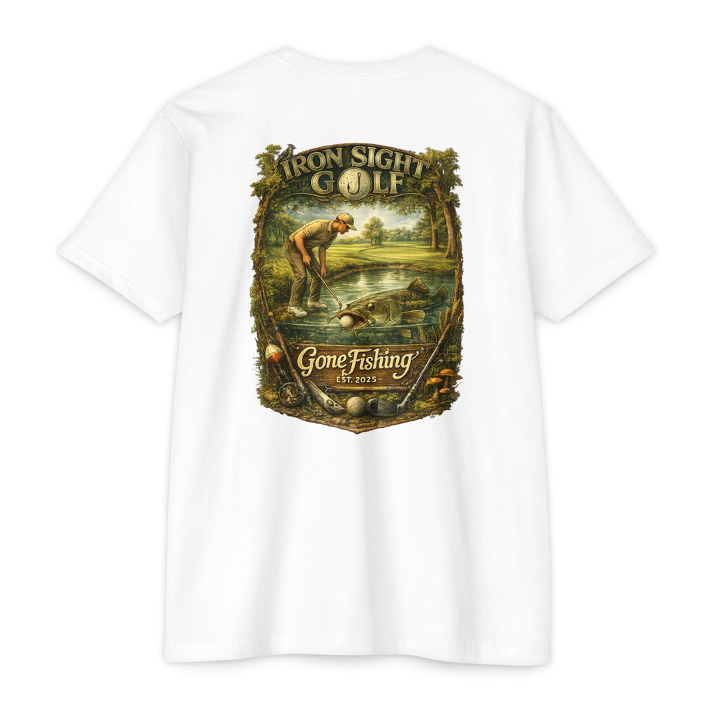 Gone Fishing Catfish Golf T-Shirt — Iron Sight's Ball in the Water