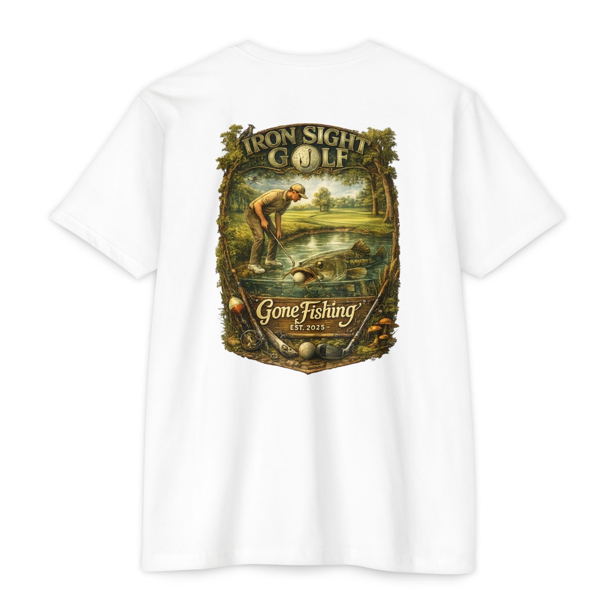 Gone Fishing Catfish Golf T-Shirt — Iron Sight's Ball in the Water