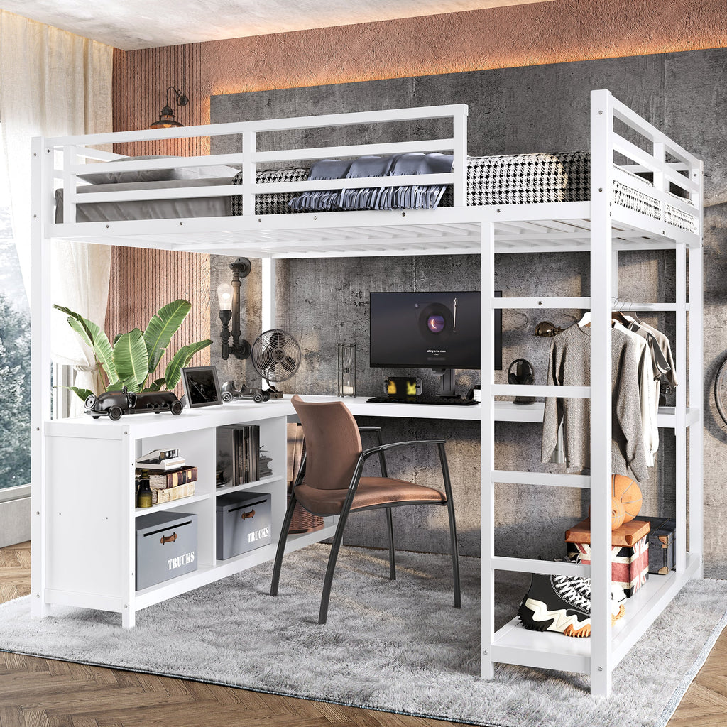 Metal Loft Bed with Wardrobe and L-shaped Desk, Queen Size Loft Bed with Storage Cubes and Shelves, Loft Bed for Kids Teens Adults, White