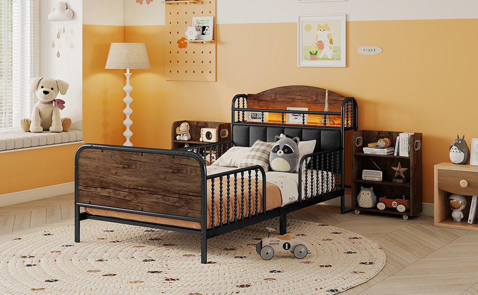 Twin Size Metal Platform Bed Frame with Light, Kids Twin Metal Bed with Upholstered and Pull Out Storage Shelves, Black (Expect Arrival Date 2025/10/5)