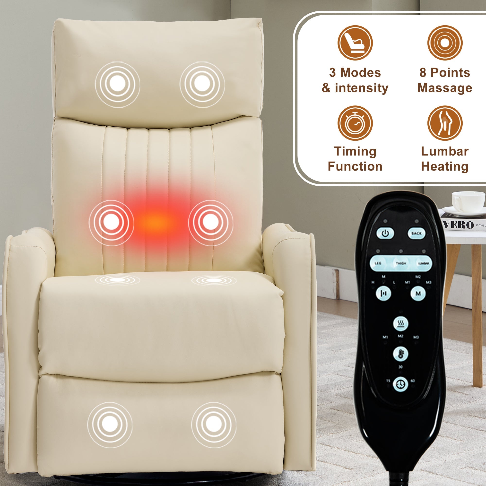 Beige Heat Massage Manual Recliner Chair with Rocker and Swivel in Faux Leather for Living Room