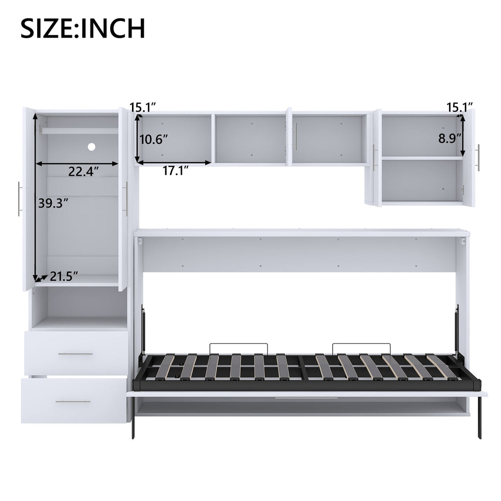 Twin Size Murphy Bed with Open Shelves and Storage Drawers,Built-in Wardrobe and Table, White