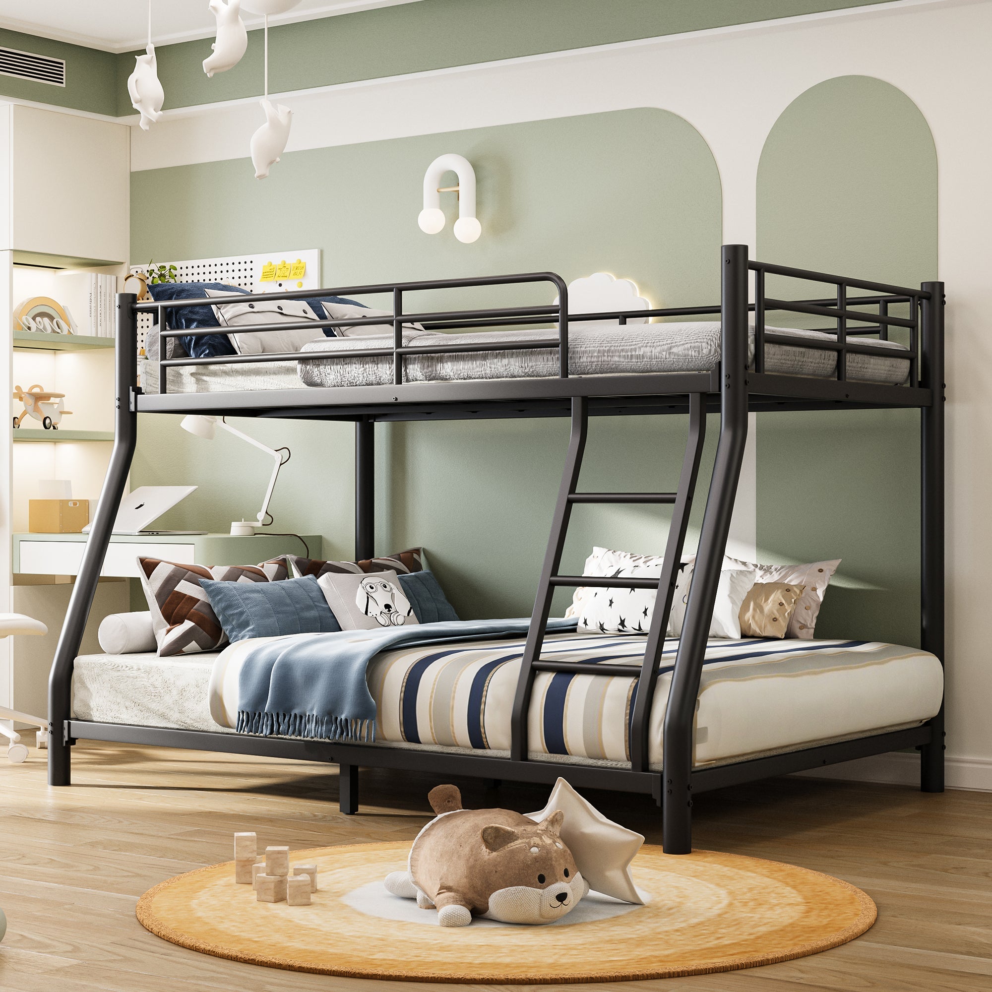Twin Over Full Bunk Bed, Metal Bunk Bed Frame with Ladder, Safety Rail & Steel Slats, Space-Saving Bunk Beds for Kids Teens Adults, Noise Free for Dorm Bedroom, No Box Spring Needed