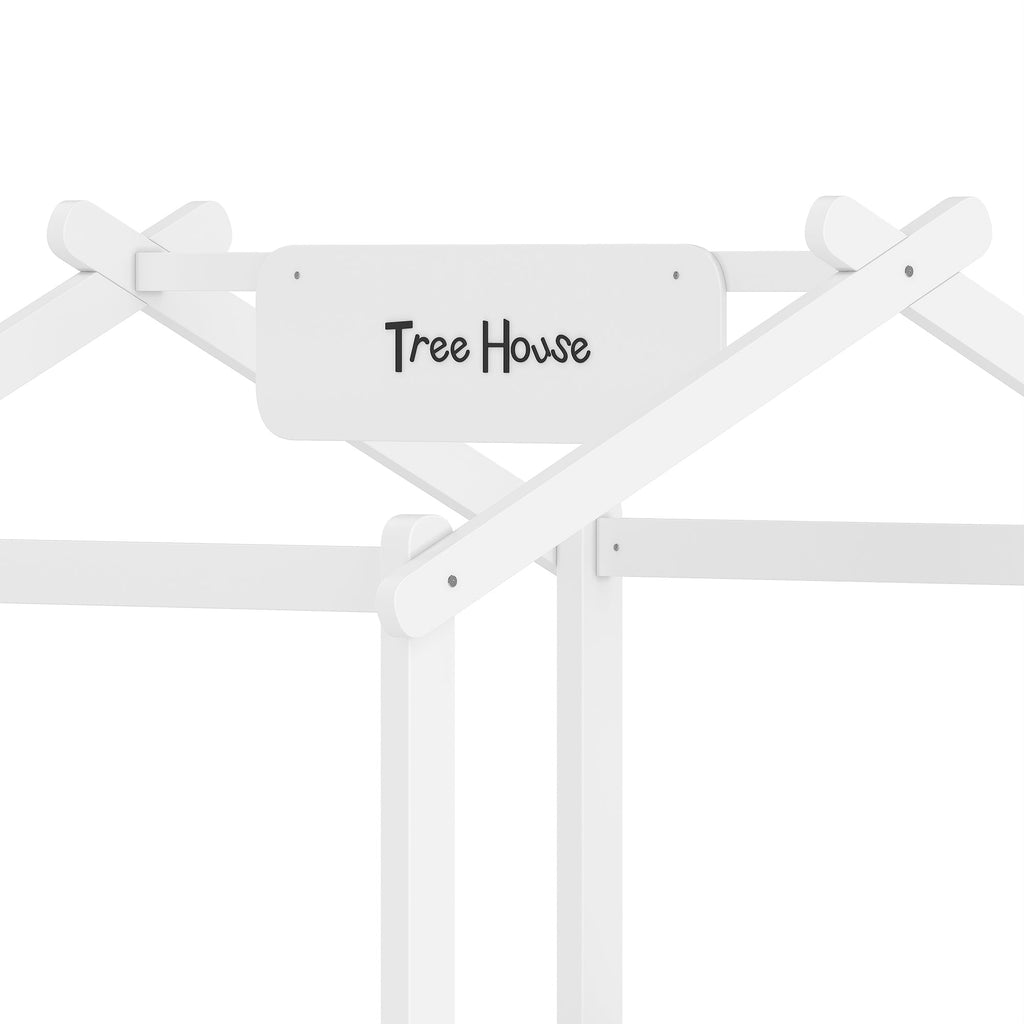 Twin Size Floor Bed with Guardrails and Roof, Kids House Floor Bed with a Small Built-in Tray and Free-installed Signboard, Childlike Design, White