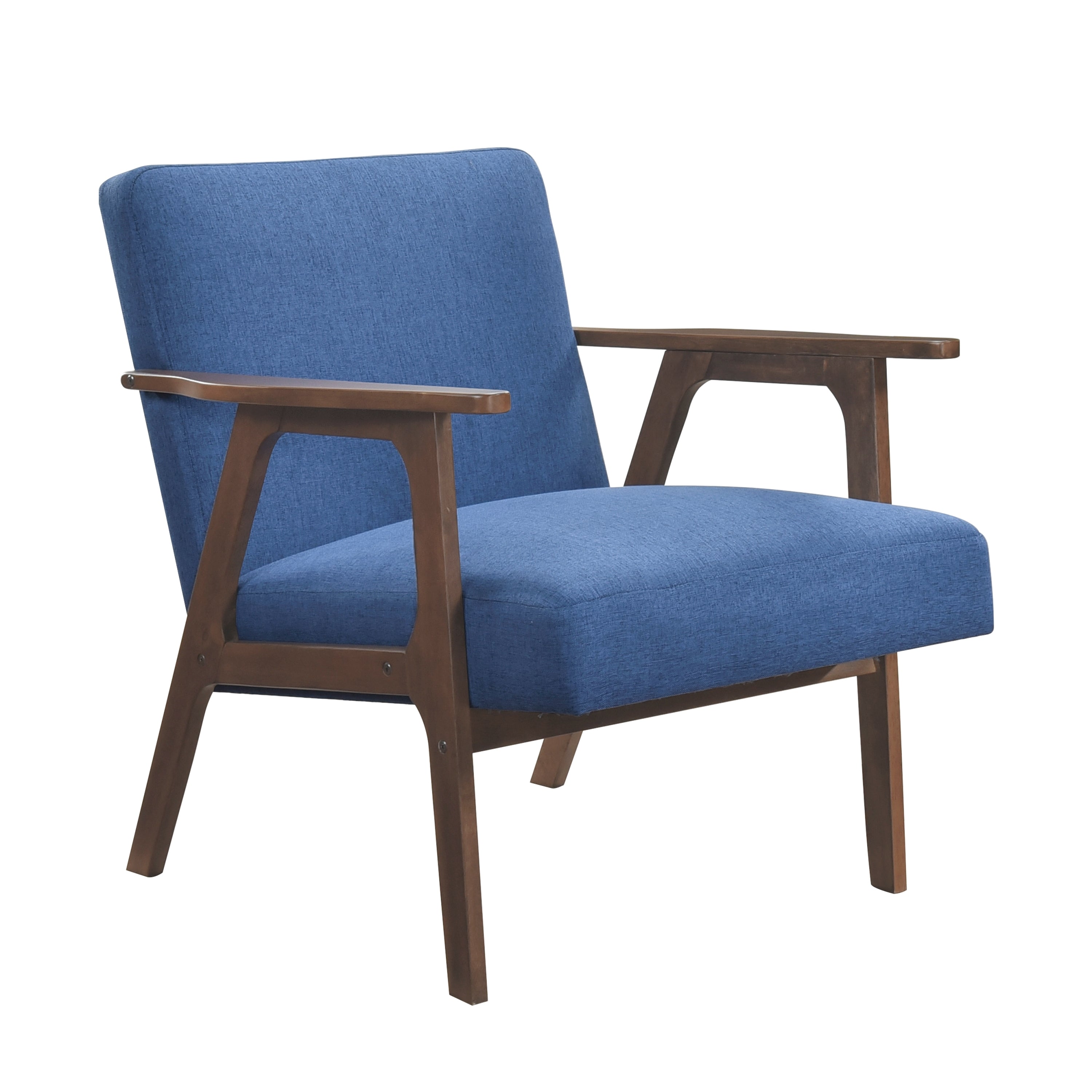 Modern Home Furniture Blue Fabric Upholstery 1pc Accent Chair Brown Finish Solid Rubberwood Contemporary Cushion Seat
