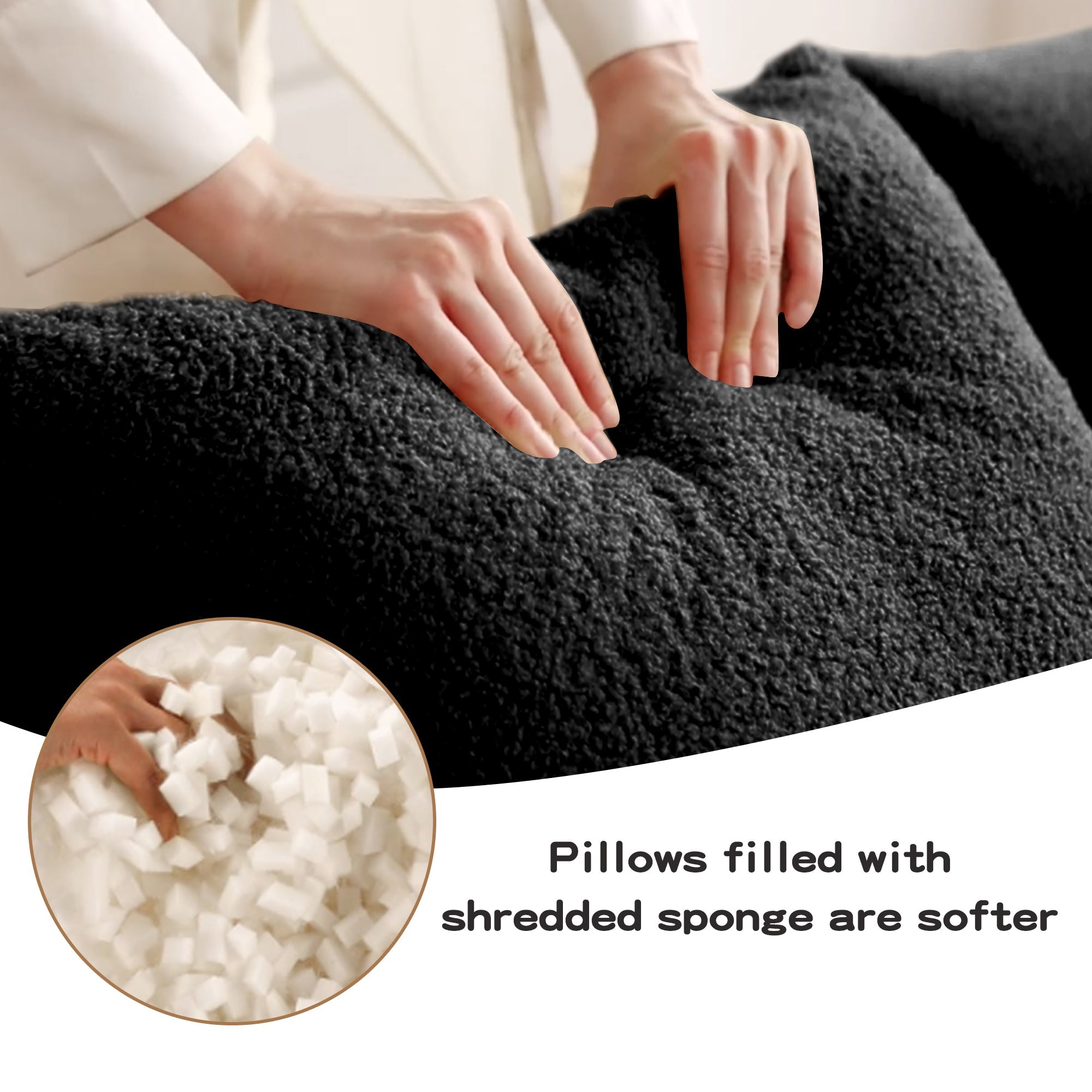 U-Shaped Boneless Sofa,Teddy Fabric No assembly required Curved armrest,Anti-slip Design,Streamlined Design 32D High Density Sponge,Full Compression Vacuum Packag,For Studies living Rooms,Black