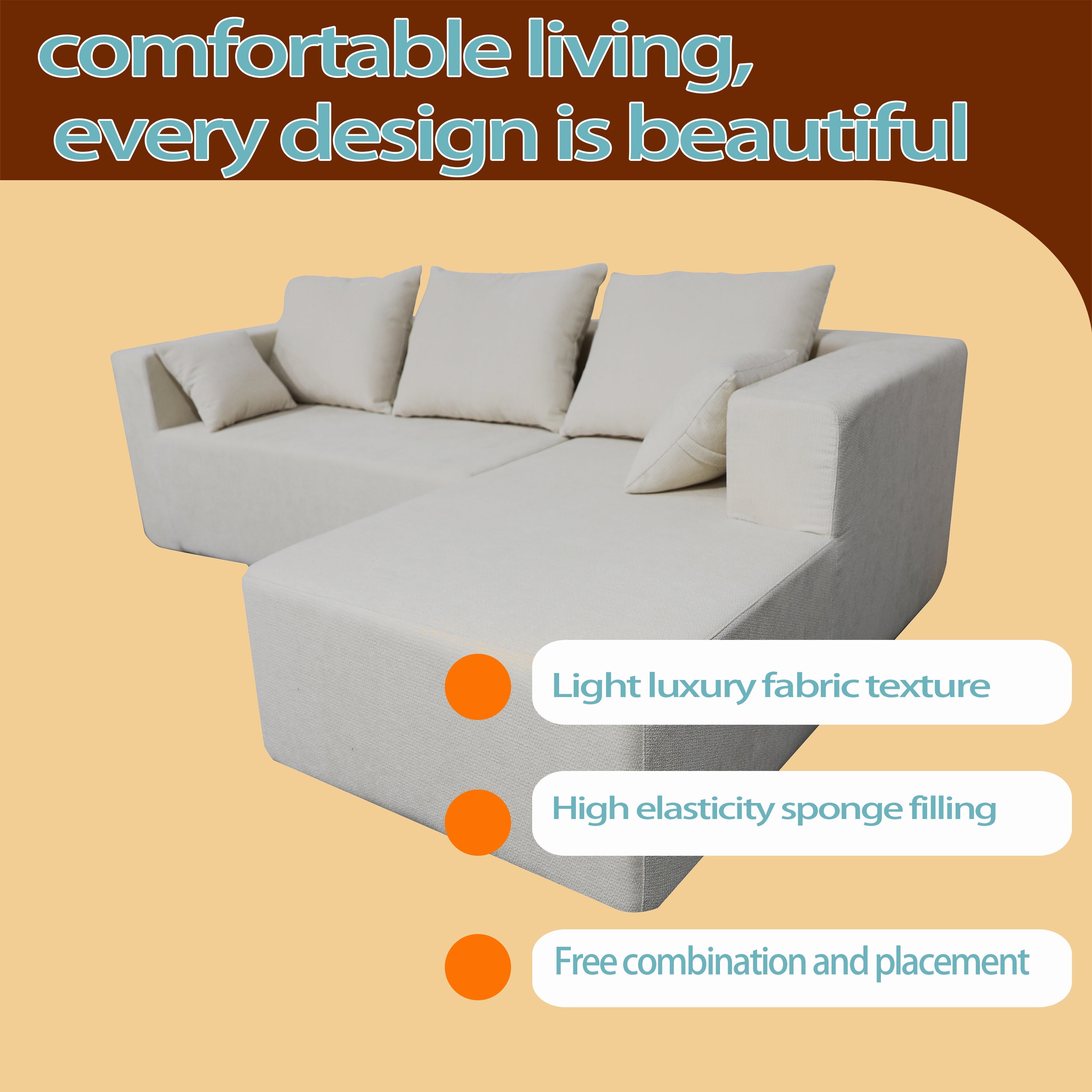 Combination sofa and sofa bed on the right corner, made of high-density sponge and soft linen fabric, with multiple combination methods (beige)