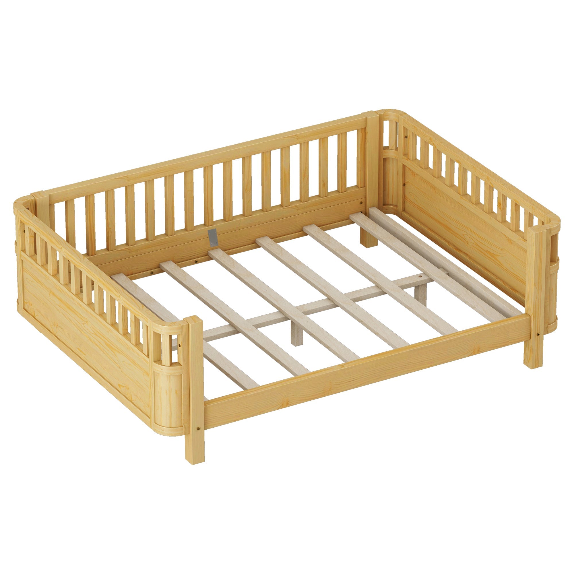 Full Size Wood Platform Bed for Kids, Wood Low Profile Full Bed with Rails for Girls and Boys, Natural (Patented Design, Old SKU W2593P233781)