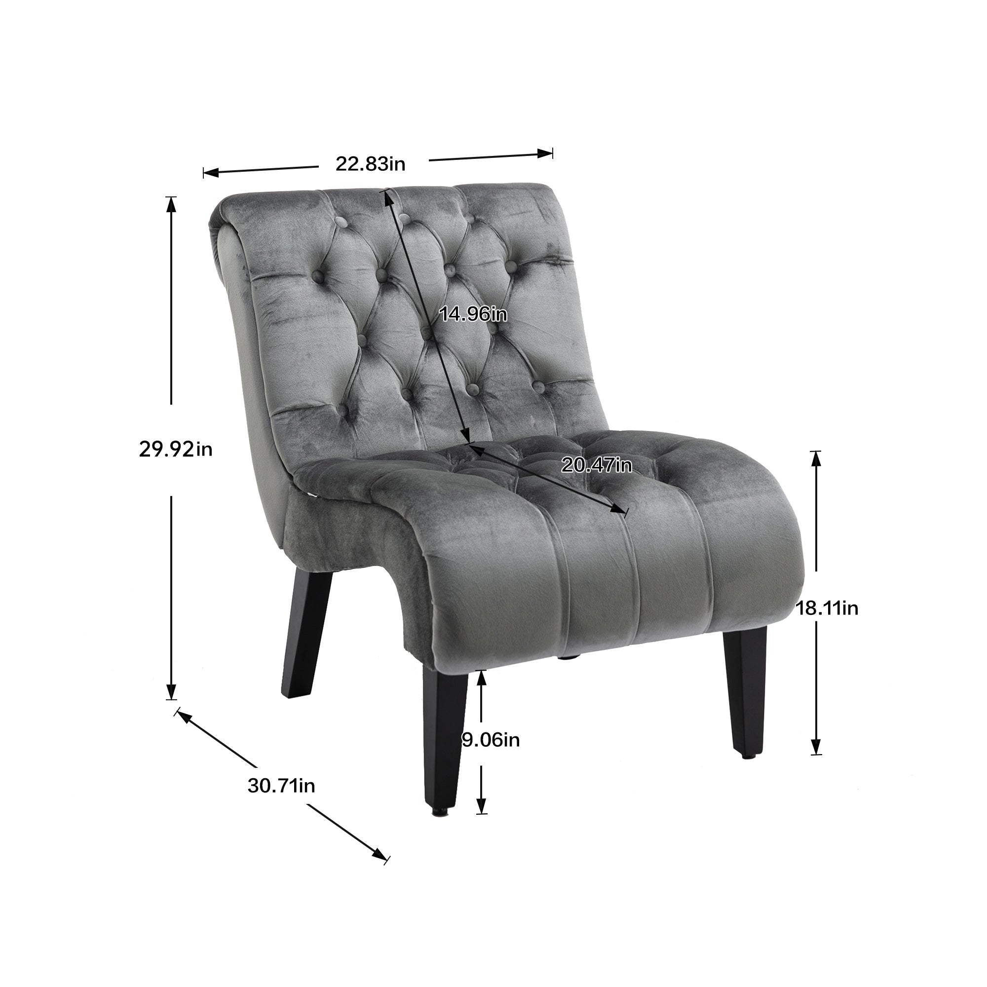 COOLMORE Modern Velvet Armless Accent Living Room Chair / Leisure Chair,Upholstered Fabric Button Comfortable Chair with Wooden Legs for Bedroom, Living Room, Office (Silver Velvet)