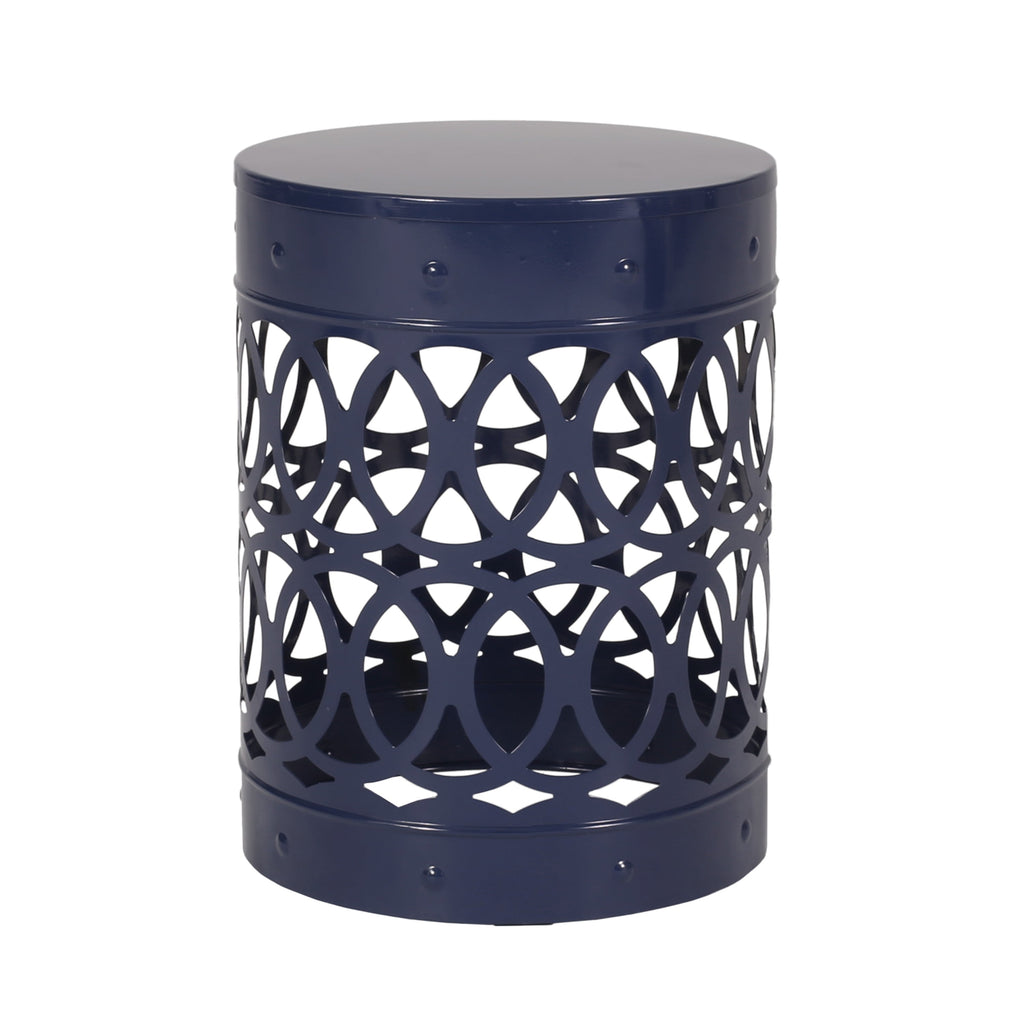 Contemporary Outdoor Metal End Table with Modern Design in Navy Blue Iron Material - Large Size