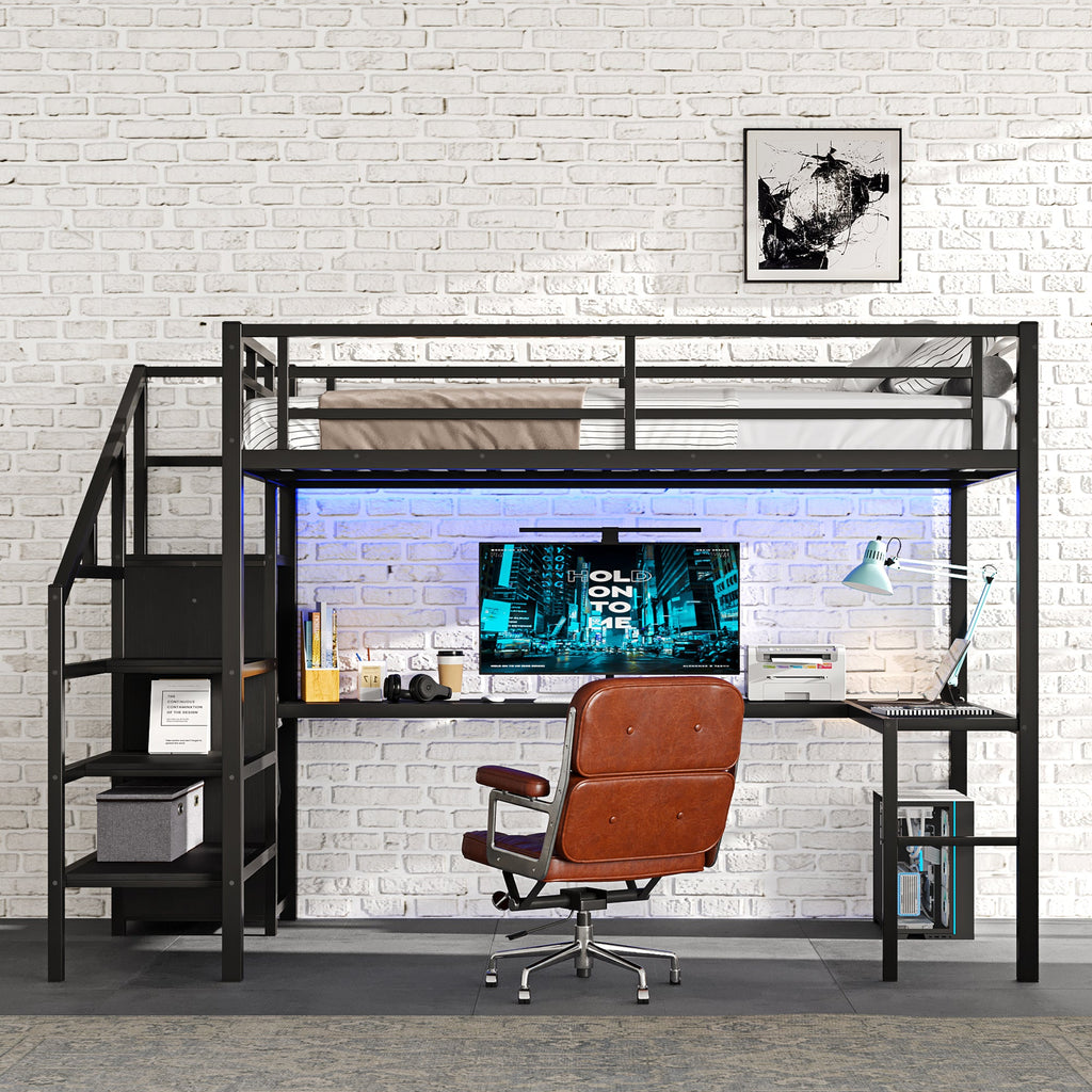 Full Size Loft Bed with L-shaped Desk and USB, Metal Loft Bed with Wardrobe and Adjustable Shelf, High Loft Bed with LED for Kids Teens Adults, Black
