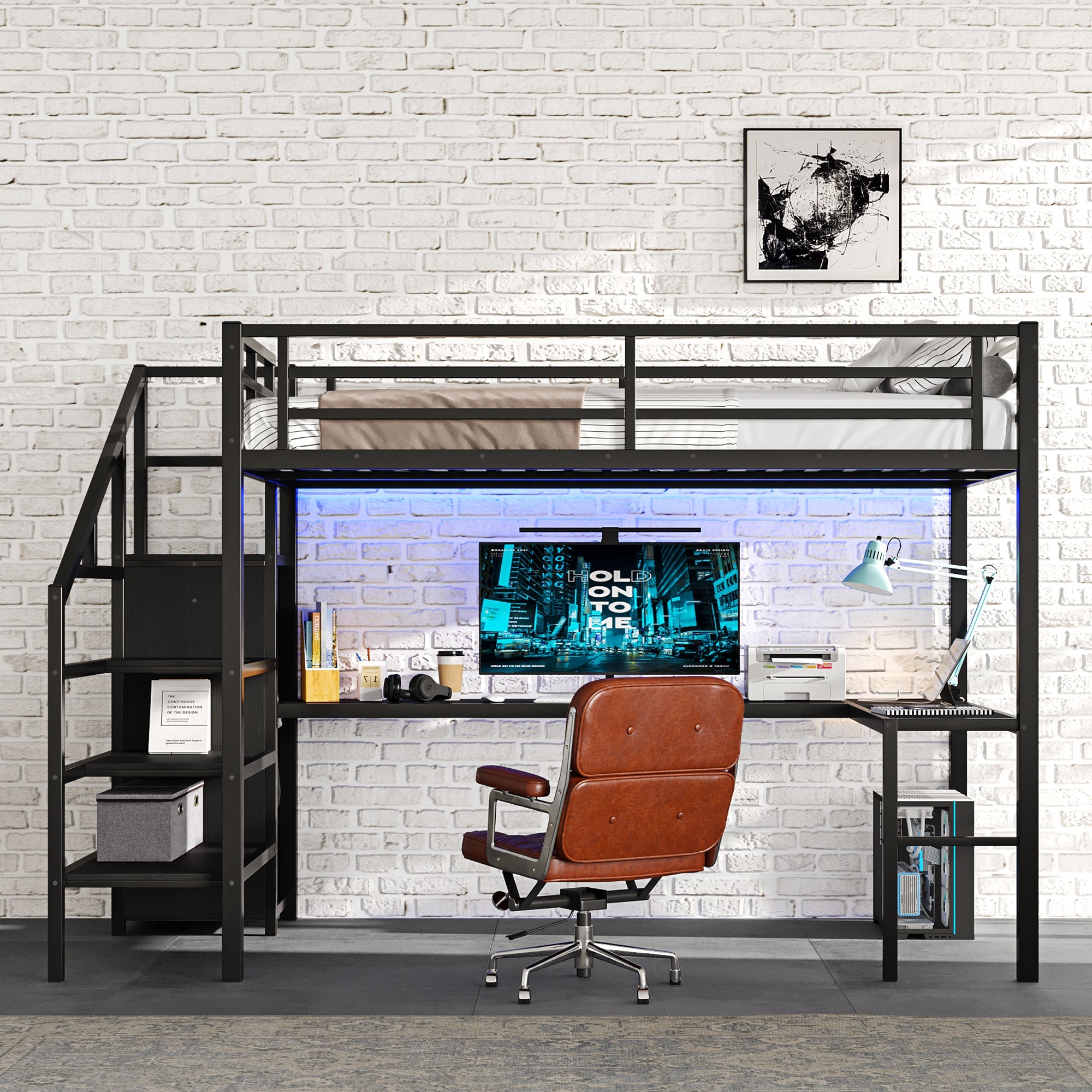 Full Size Loft Bed with L-shaped Desk and USB, Metal Loft Bed with Wardrobe and Adjustable Shelf, High Loft Bed with LED for Kids Teens Adults, Black