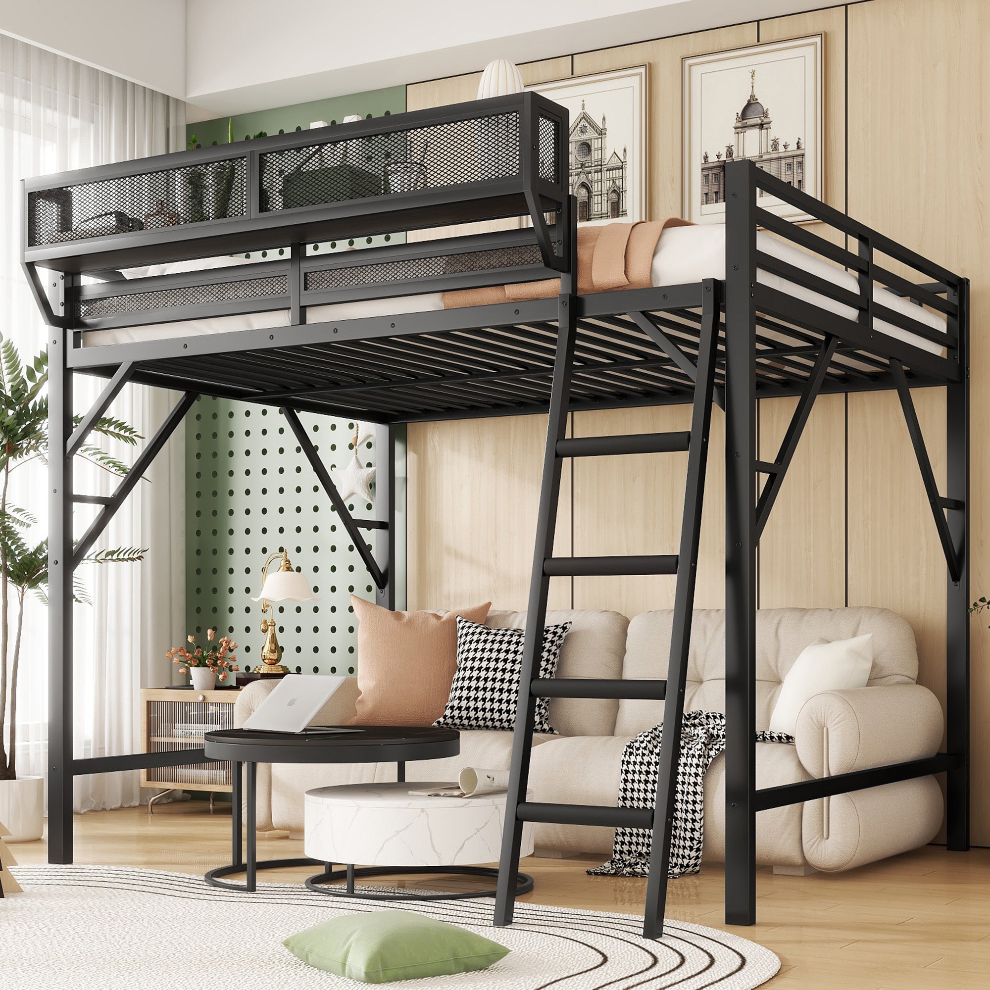 Full Size Loft Bed with Ladder, Metal Full Loft Bed with Storage Shelves, High Loft Bed for Kids Teens, Black(Expect Arrival Date 2025/11/26, Old SKU W2580P353531)