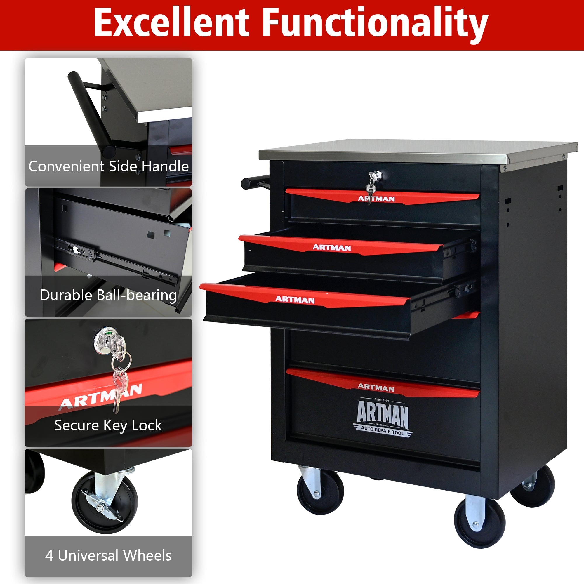 5-Drawer Multifunctional Tool Cart with Wheels, Metal Rolling Tool Cart Storage for Garage Workshop Warehouse Repair Shop - with Stainless Steel Roof - Black & Red