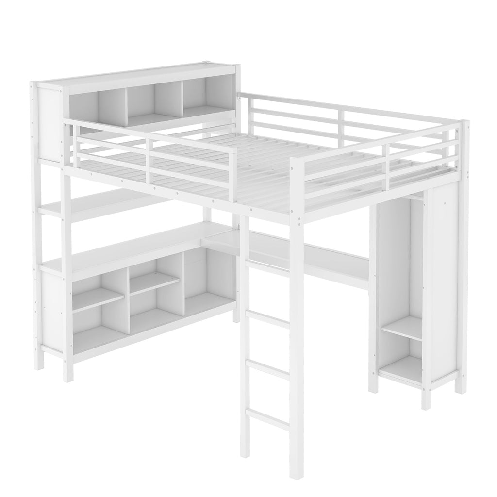 Metal Loft Bed with Wardrobe And L-shaped Desk, Queen Size Loft Bed with Storage Cubes and Shelves, Heavy Duty Loft Bed for Kids Teens Adults, White