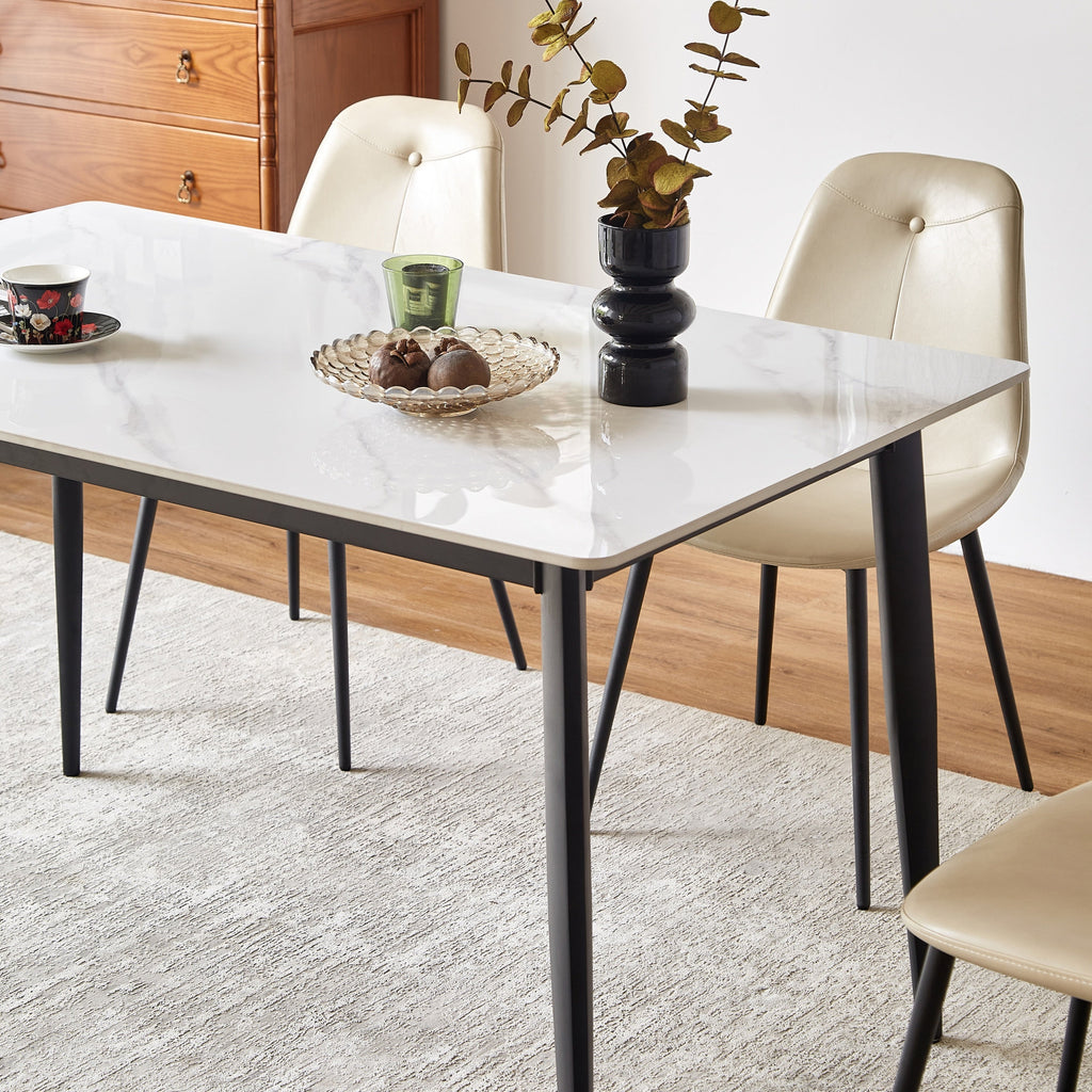 Mid Century Modern Dining Table 55 Inch Round White Sintered Stone Top Heavy Duty Metal Legs Waterproof Surface for Kitchen Dining Room or Office Furniture