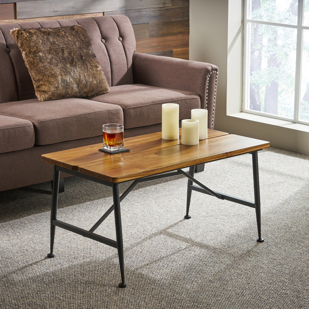 Rectangle Outdoor Coffee Table with Angled Tubular Legs and Wood Top, Black