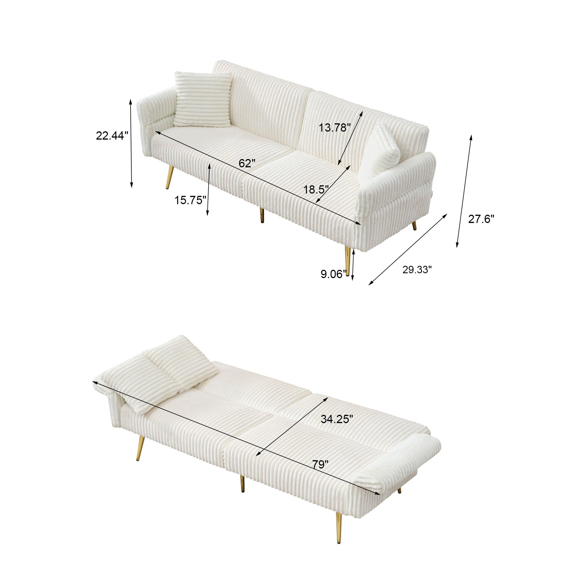 Corduroy Foldable Double Sofa Bed with Folding Armrests for Living Rooms and Small Spaces, 79 Inch