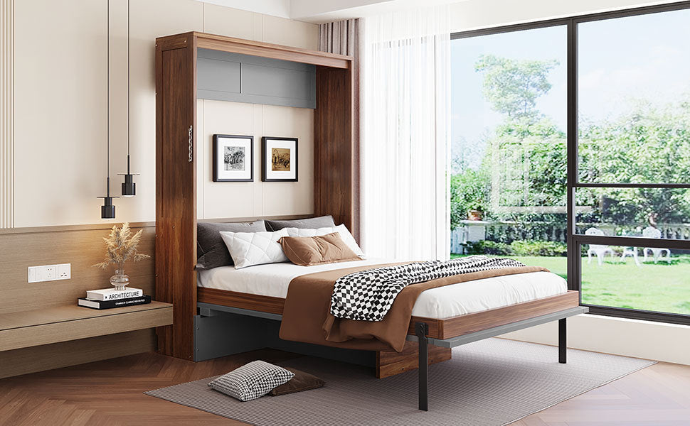 Full Size Murphy Bed with Foldable Desk – Space Saving Wall Bed - Walnut & Gray