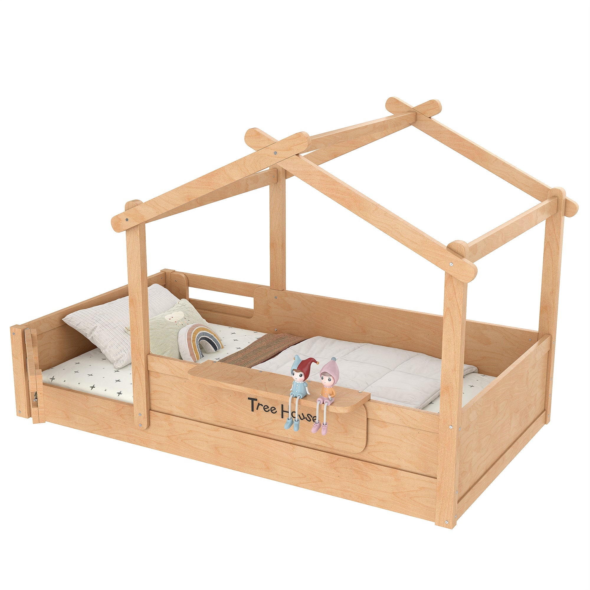 Twin Size Floor Bed with Guardrails and Roof, Kids House Floor Bed with a Small Built-in Tray and Free-installed Signboard, Childlike Design, Natural