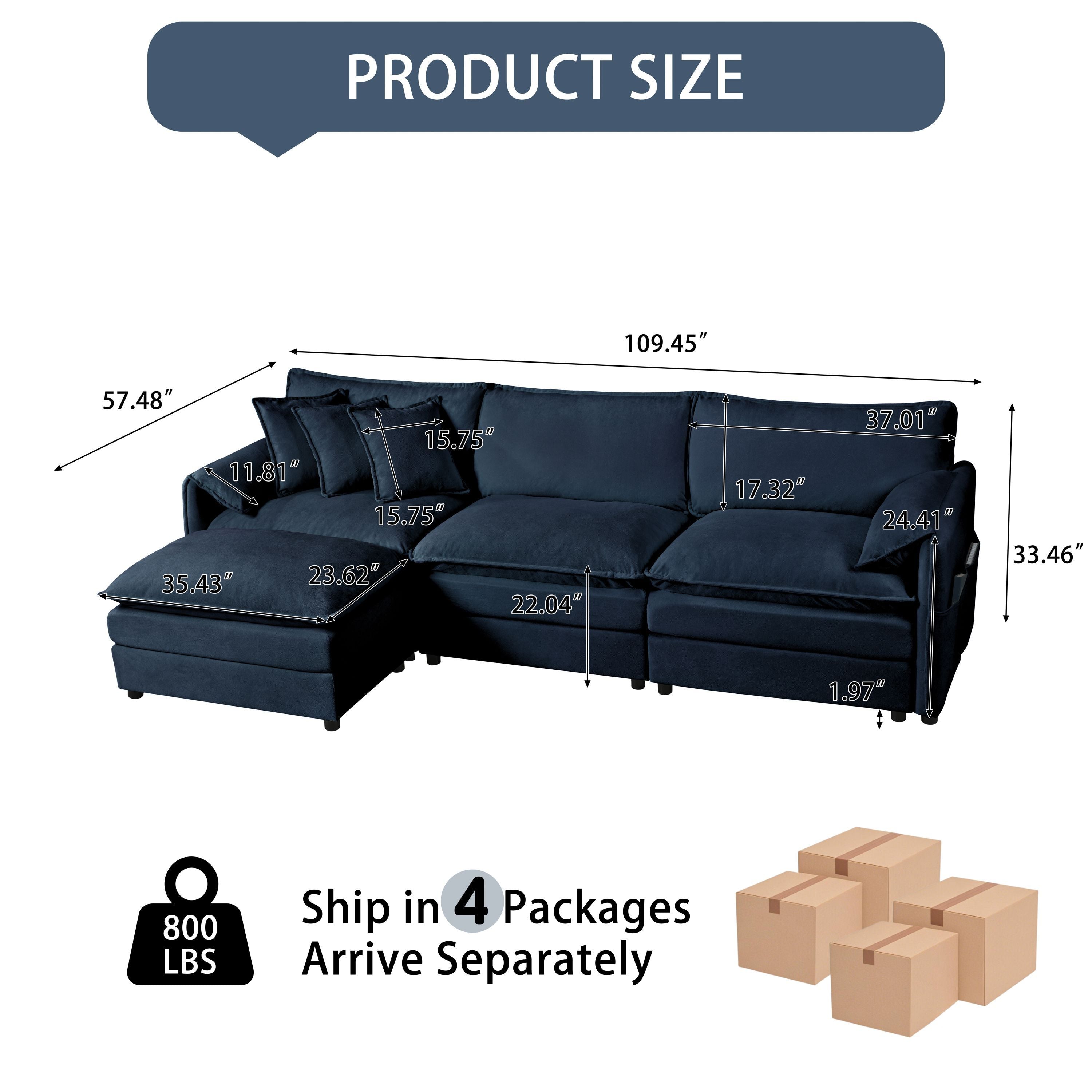 Modular Sectional Sofa, Oversized Deep Seat L Shaped Couch Set for Living Room, 3-Seater Comfy Cloud Couches with Movable Ottoman, DIY Combination, Chenille,Blue